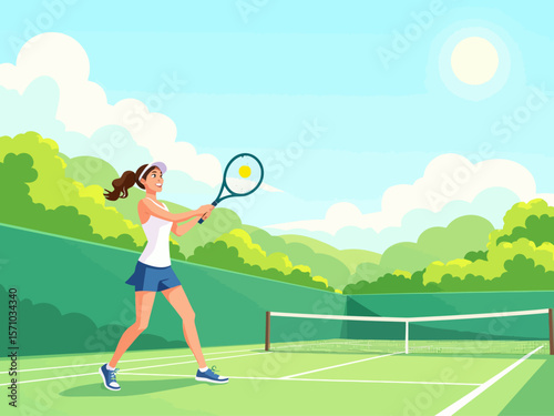 Summer sports healthy activity Flat style vector illustration of a woman playing tennis