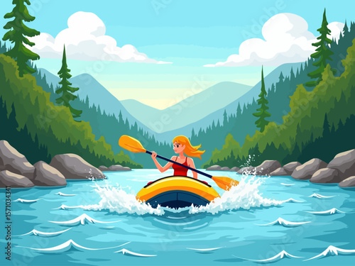 Summer healthy sports lifestyle Cartoon illustration of a woman white water rafting on a river surrounded by forests and mountains