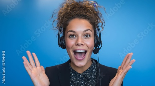 Excited customer service rep with headset and curly hair against blue background