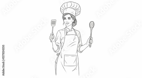 Illustration of a female chef holding a spatula and a spoon wearing an apron and a chef's hat outline