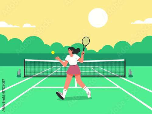 Summer sports healthy activity Flat style vector illustration of a woman playing tennis