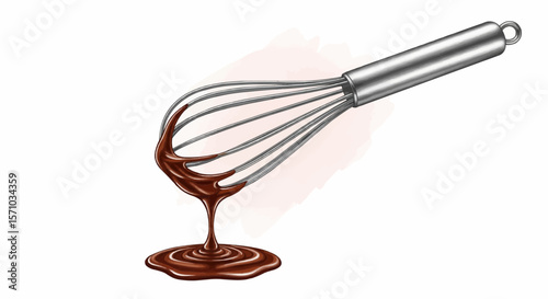 A whisk covered in chocolate with a pool of chocolate underneath it on a white background art piece