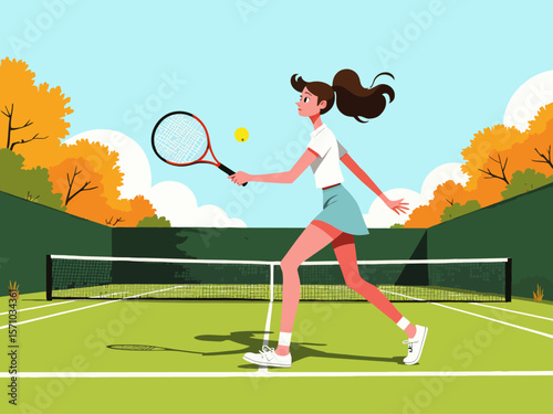 Summer sports healthy activity Flat style vector illustration of a woman playing tennis