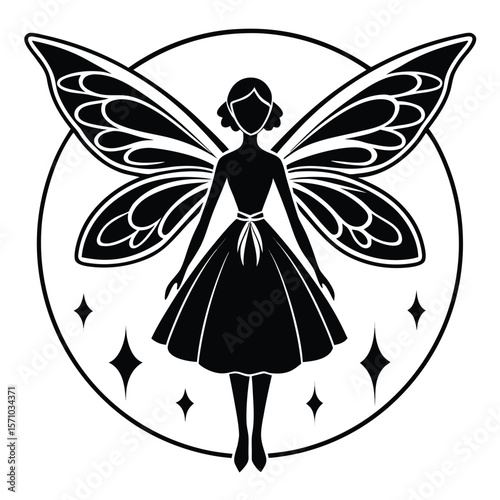 Elegant Fairy Woman Silhouette in Black and White for Fantasy or Magical Design