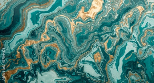 Abstract liquid art background with teal and gold swirls creating a marble like effect texture design