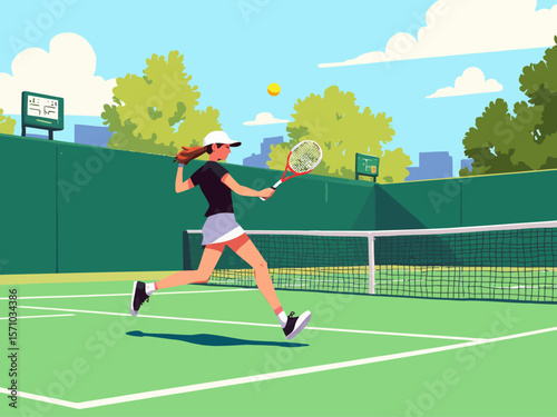 Summer sports healthy activity Flat style vector illustration of a woman playing tennis