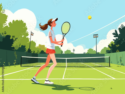 Summer sports healthy activity Flat style vector illustration of a woman playing tennis