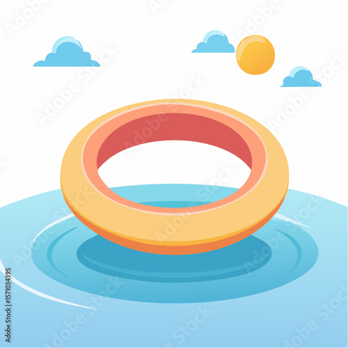 Summertime floating ring design shows sunny skies and calm water in a playful graphic for branding or web elements.