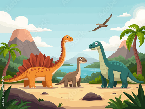  Lively prehistoric landscape with cute dinosaurs long-neck, triceratops, pterodactyl, stegosaurus, and a friendly plesiosaur, set against volcanoes and palm trees