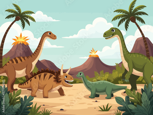  Lively prehistoric landscape with cute dinosaurs long-neck, triceratops, pterodactyl, stegosaurus, and a friendly plesiosaur, set against volcanoes and palm trees