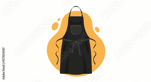Illustration of a black apron with a pocket and tie with a yellow background on a white surface