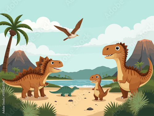  Lively prehistoric landscape with cute dinosaurs long-neck, triceratops, pterodactyl, stegosaurus, and a friendly plesiosaur, set against volcanoes and palm trees