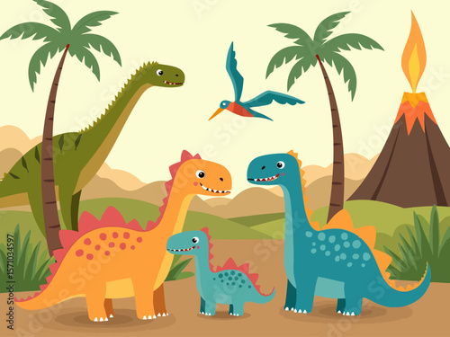  Lively prehistoric landscape with cute dinosaurs long-neck, triceratops, pterodactyl, stegosaurus, and a friendly plesiosaur, set against volcanoes and palm trees