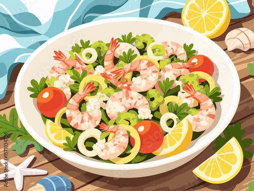 Mediterranean seafood salad with shrimp, calamari rings, chopped celery, parsley, and lemon slices 