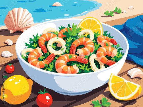 Mediterranean seafood salad with shrimp, calamari rings, chopped celery, parsley, and lemon slices 