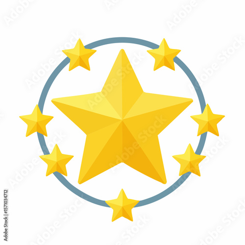 Golden star rating emblem with surrounding smaller stars and a circle, suitable for awards, recognition, or achievement design elements.