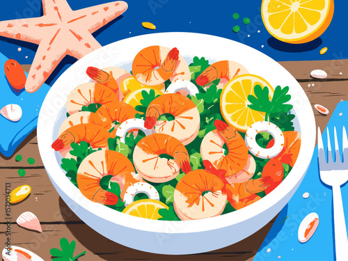Mediterranean seafood salad with shrimp, calamari rings, chopped celery, parsley, and lemon slices 