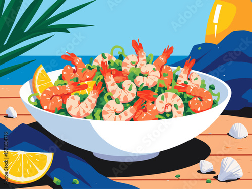 Mediterranean seafood salad with shrimp, calamari rings, chopped celery, parsley, and lemon slices 