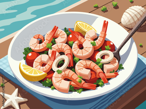 Mediterranean seafood salad with shrimp, calamari rings, chopped celery, parsley, and lemon slices 