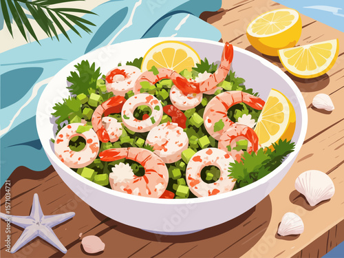 Mediterranean seafood salad with shrimp, calamari rings, chopped celery, parsley, and lemon slices 