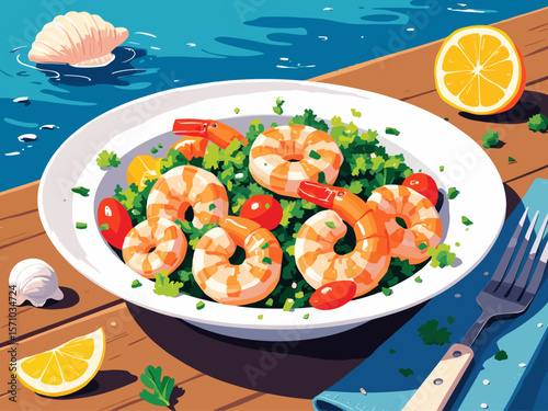 Mediterranean seafood salad with shrimp, calamari rings, chopped celery, parsley, and lemon slices 