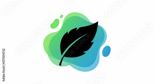 A single black leaf with visible veins is set against a green and blue gradient background