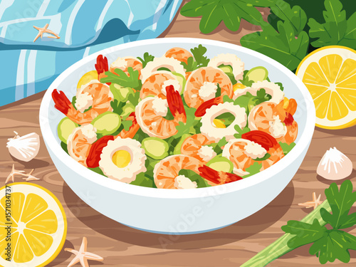 Mediterranean seafood salad with shrimp, calamari rings, chopped celery, parsley, and lemon slices 