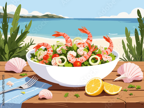 Mediterranean seafood salad with shrimp, calamari rings, chopped celery, parsley, and lemon slices 