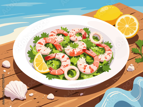 Mediterranean seafood salad with shrimp, calamari rings, chopped celery, parsley, and lemon slices 