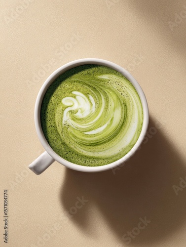 Overhead view of a white mug filled with vibrant green matcha latte, featuring a swirled cream design, set against a pale beige background with subtle shadowing