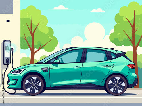 an electric car charging, controlled by a smartphone app Promotes eco-friendly transport, green tech, and sustainable urban living