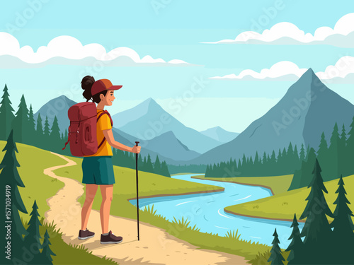 Summer healthy sports lifestyle Cartoon illustration of a woman hiking with a backpack and trekking pole on a scenic mountain