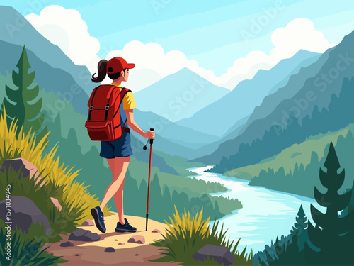 Summer healthy sports lifestyle Cartoon illustration of a woman hiking with a backpack and trekking pole on a scenic mountain