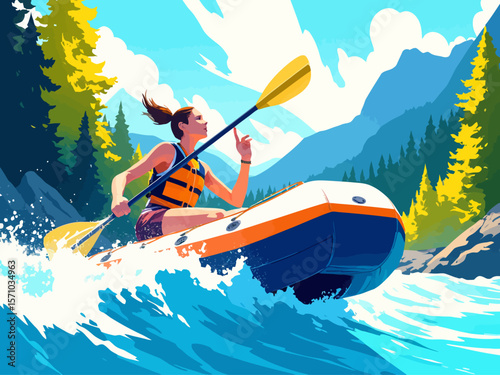 Summer healthy sports lifestyle Cartoon illustration of a woman white water rafting on a river surrounded by forests and mountains