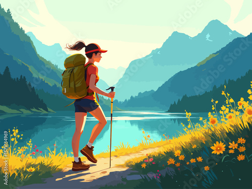 Summer healthy sports lifestyle Cartoon illustration of a woman hiking with a backpack and trekking pole on a scenic mountain