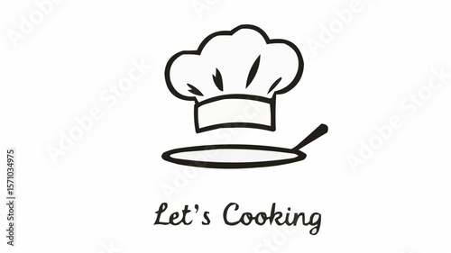 Illustration of a chef's hat over a pan with the text let's cooking below it in black outline