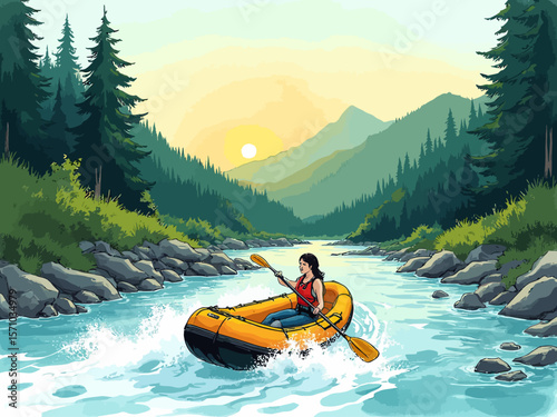 Summer healthy sports lifestyle Cartoon illustration of a woman white water rafting on a river surrounded by forests and mountains