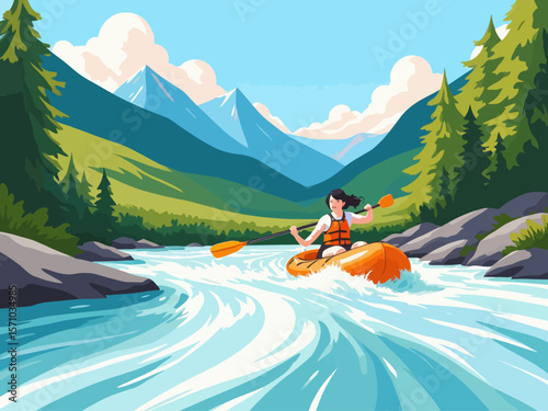 Summer healthy sports lifestyle Cartoon illustration of a woman white water rafting on a river surrounded by forests and mountains