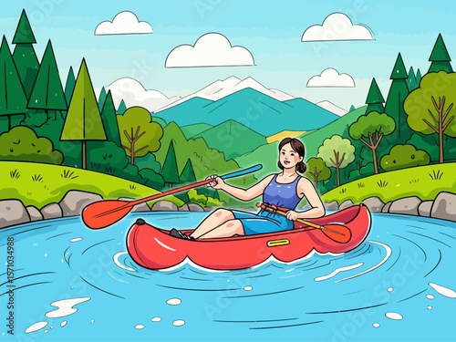 Summer healthy sports lifestyle Cartoon illustration of a woman white water rafting on a river surrounded by forests and mountains