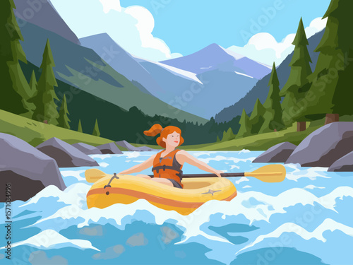 Summer healthy sports lifestyle Cartoon illustration of a woman white water rafting on a river surrounded by forests and mountains