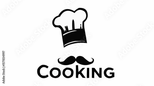 A graphic of a chef's hat and mustache above the word cooking in black on a white background image