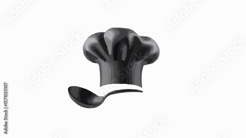 Illustration of a chef's hat with a spoon in shades of gray on a white background for culinary use