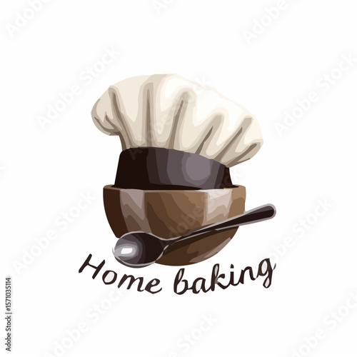 Illustration of a chef's hat, wooden bowl, and spoon with the words home baking underneath it all