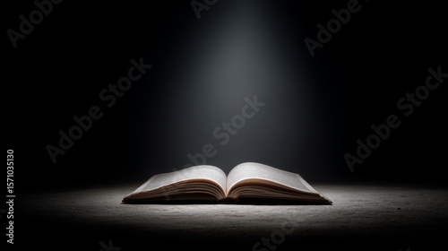 Open book illuminated by a spotlight in dark room, creating mysterious atmosphere, suggesting hidden knowledge and ancient wisdom