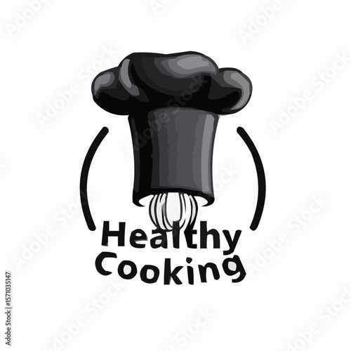 Healthy cooking logo featuring a chef's hat and whisk in a decorative frame design element art