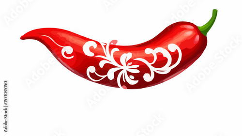 Illustration of a bright red chili pepper decorated with white floral ornaments and a green stem on top