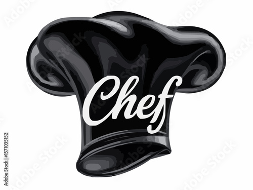 Illustration of a black chef's hat with the word chef written in white cursive on the front side