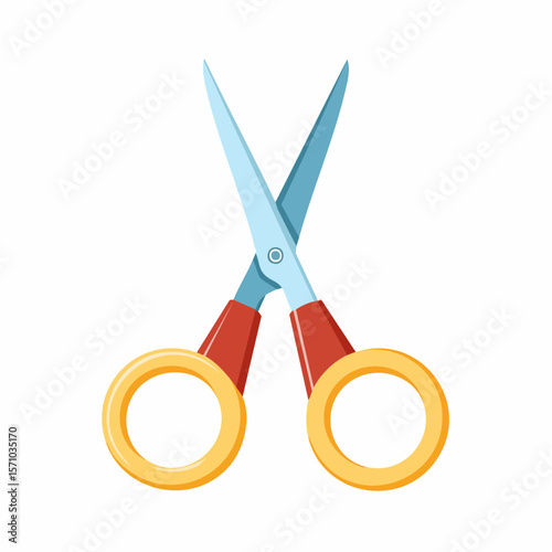 Cartoon scissors with red handles, golden rings, and shiny blades, a simple design for crafting, sewing, or any cutting project.