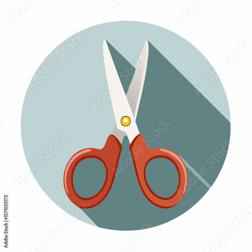 Open red scissors cutting instrument with long shadows presented on a round background, perfect for creative designs.