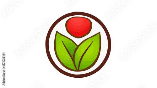 Illustration of a red circle above two green leaves inside of a brown oval shape on a white background